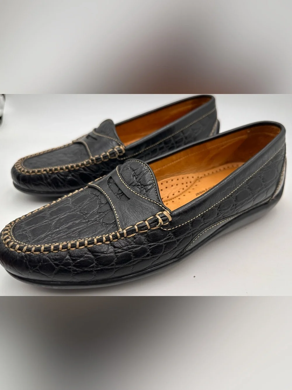 MARTIN DINGMAN MENS LOAFERS SZ 8.5 BLACK ALLIGATOR GRAIN LEATHER DRIVING SHOES
